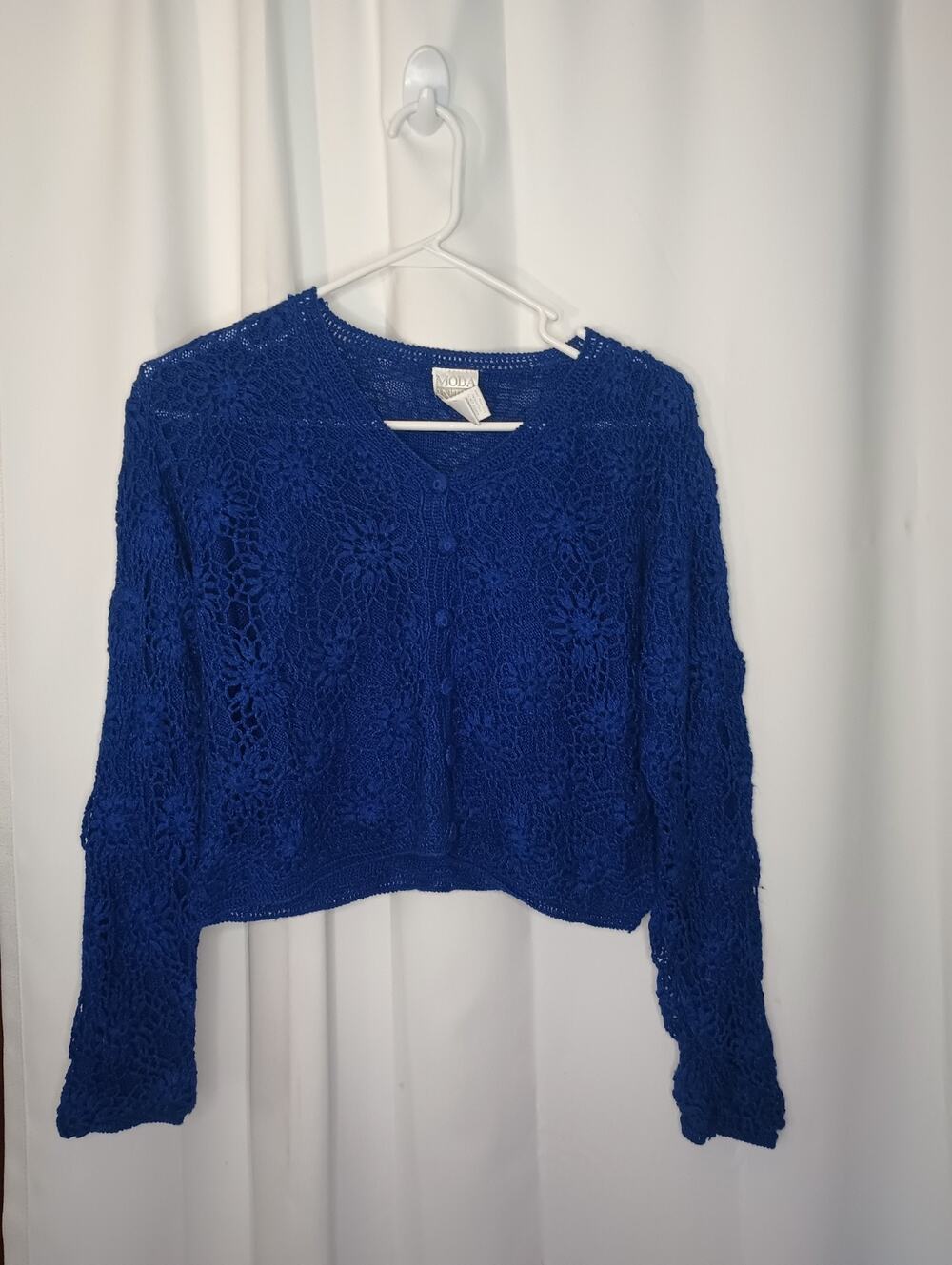 Women's Vintage Doily Crochet Cardigan M Cobalt Blue Crop Cottage Boho Y2K 90s